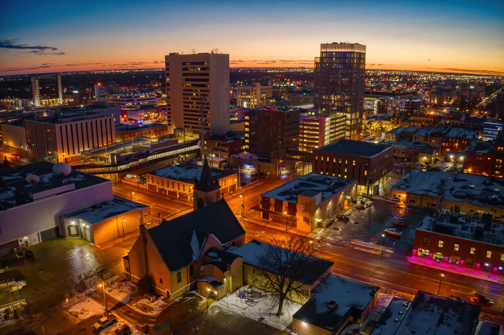 Aerial View of Fargo Skyline at Dusk.