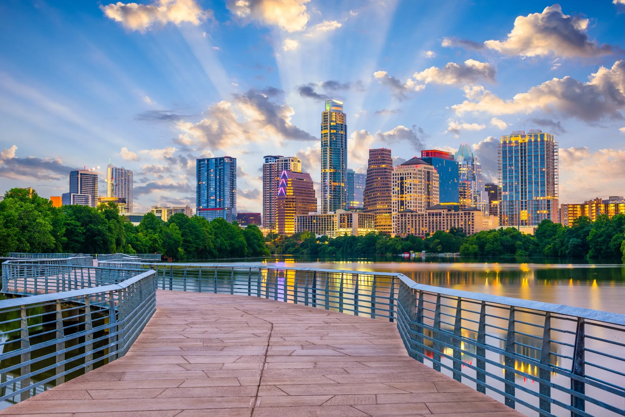 Austin, Texas cityscape on the river and walkway
