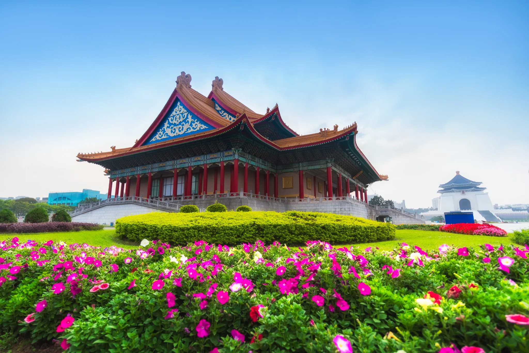 hiang Kai-Shek Memorial Hall, Landscape scenery view of Chiang Kai-shek Memorial Hall with flower garden in morning, the most famous tourist attraction in Taipei, Taiwan