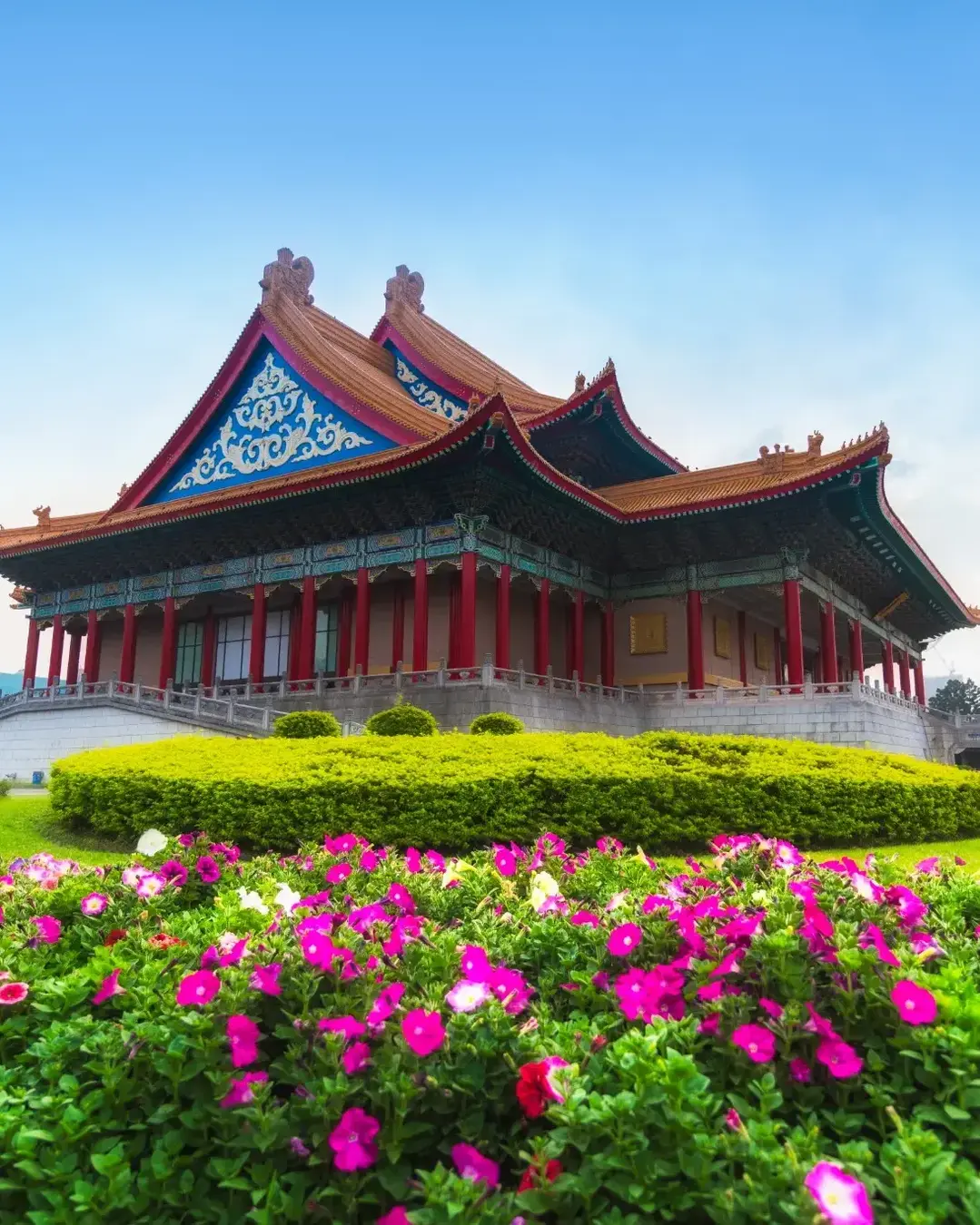 hiang Kai-Shek Memorial Hall, Landscape scenery view of Chiang Kai-shek Memorial Hall with flower garden in morning, the most famous tourist attraction in Taipei, Taiwan