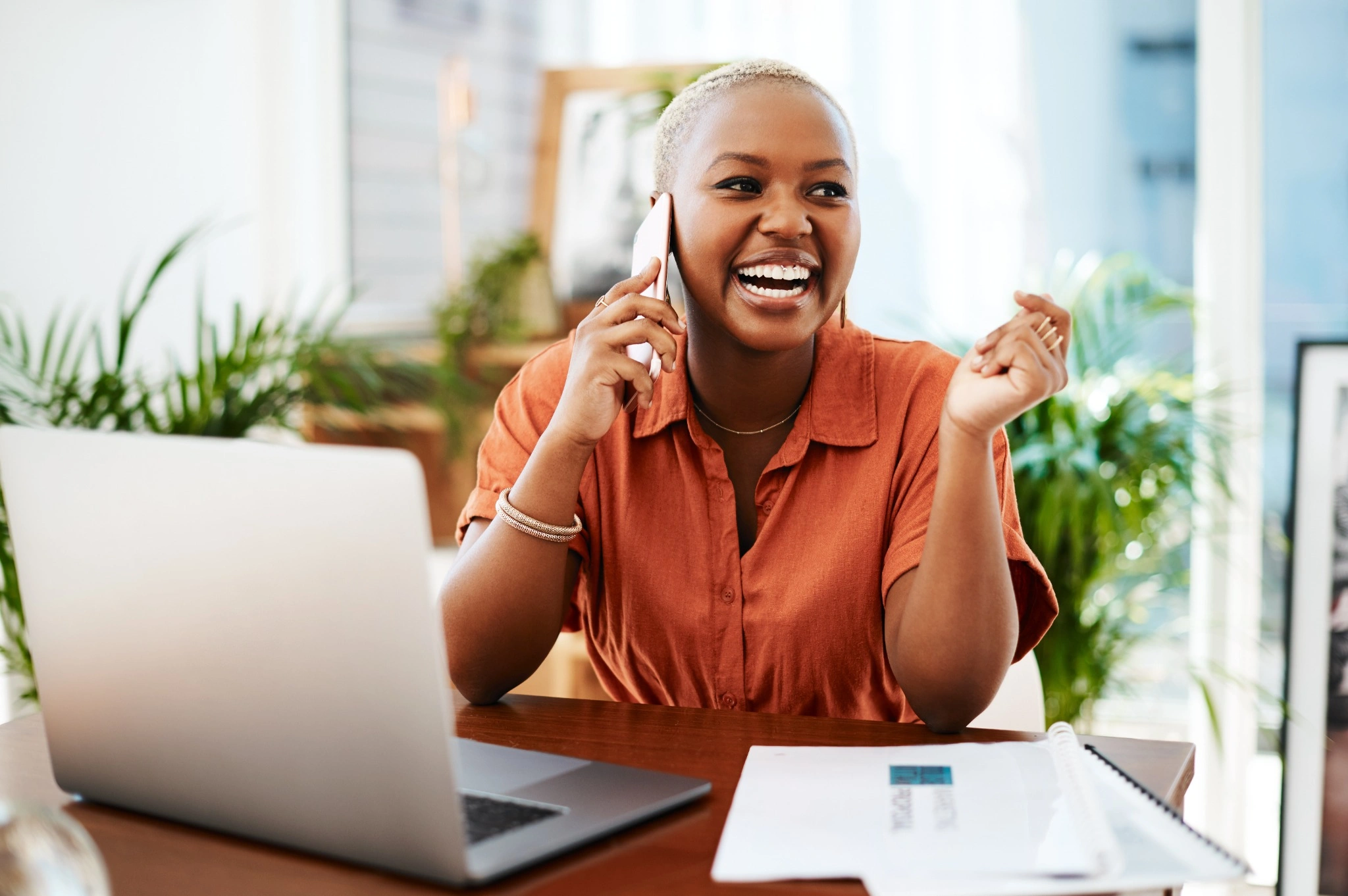 friendly woman talking on the phone