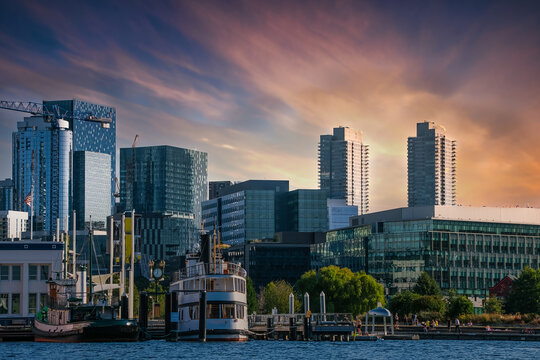 South Lake Union neighborhood along Lake Union at sunset