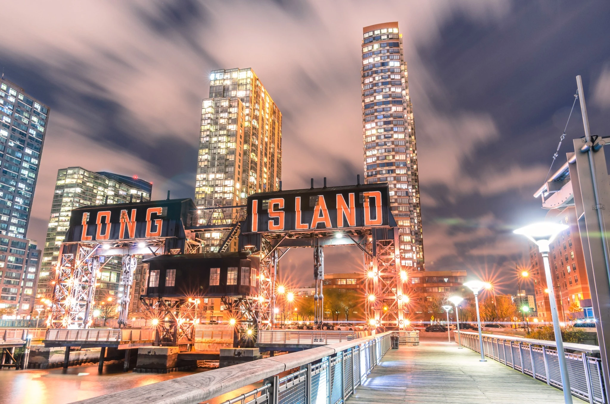 Long island sign lit up at night
