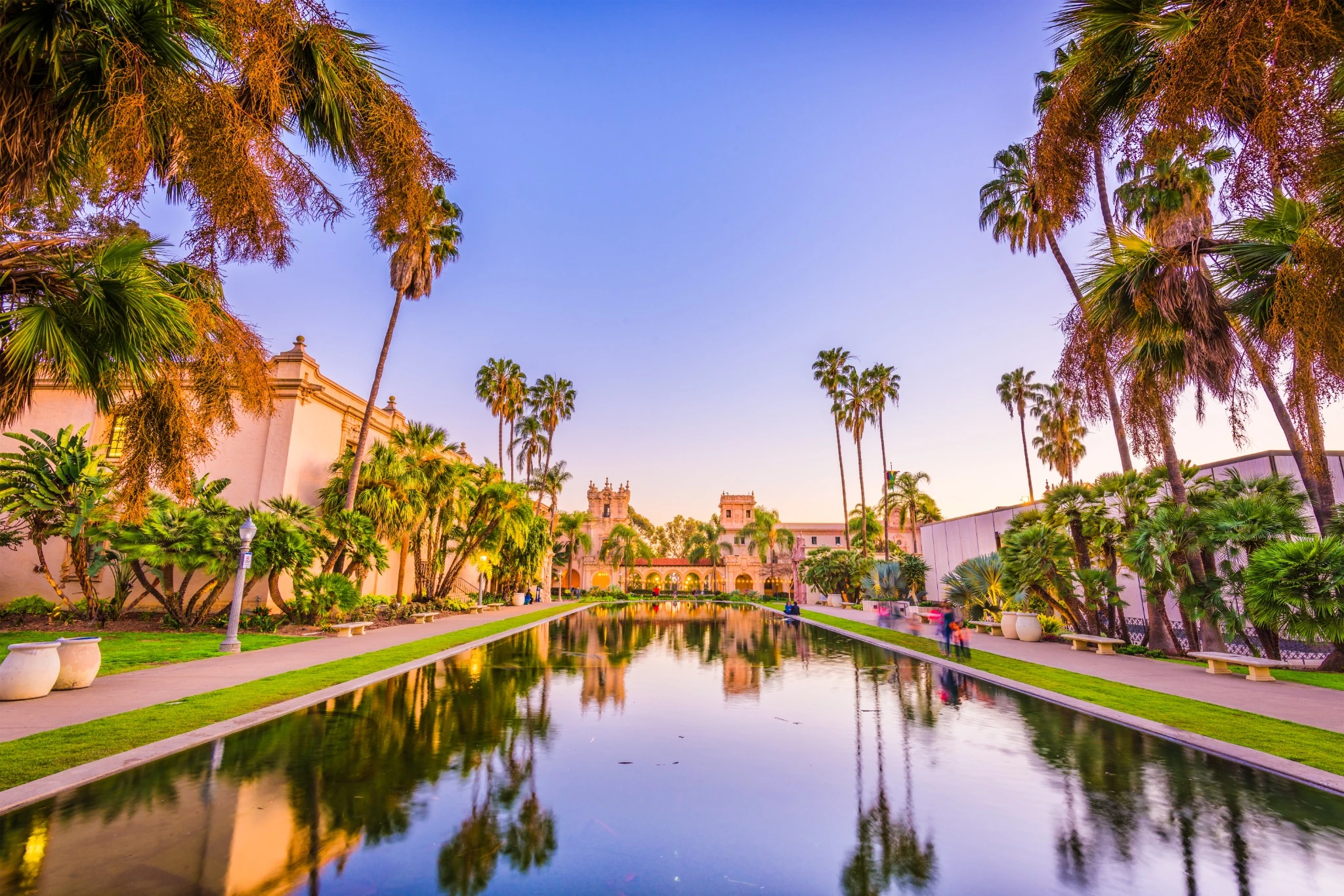 bright image of the pond and architecture at Balboa Park in San Diego