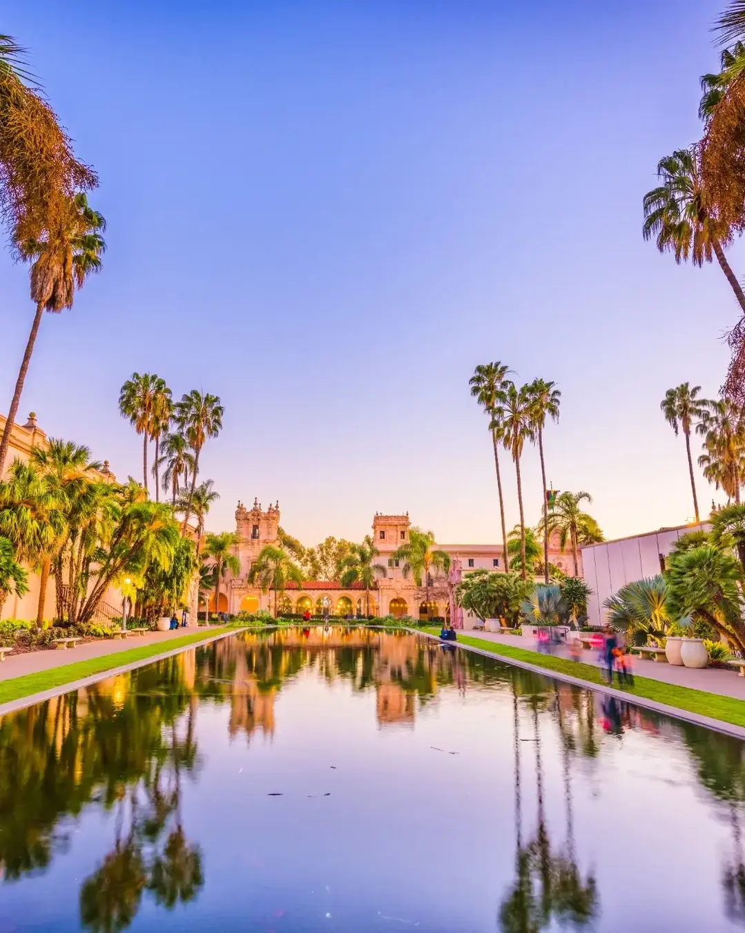 bright image of the pond and architecture at Balboa Park in San Diego