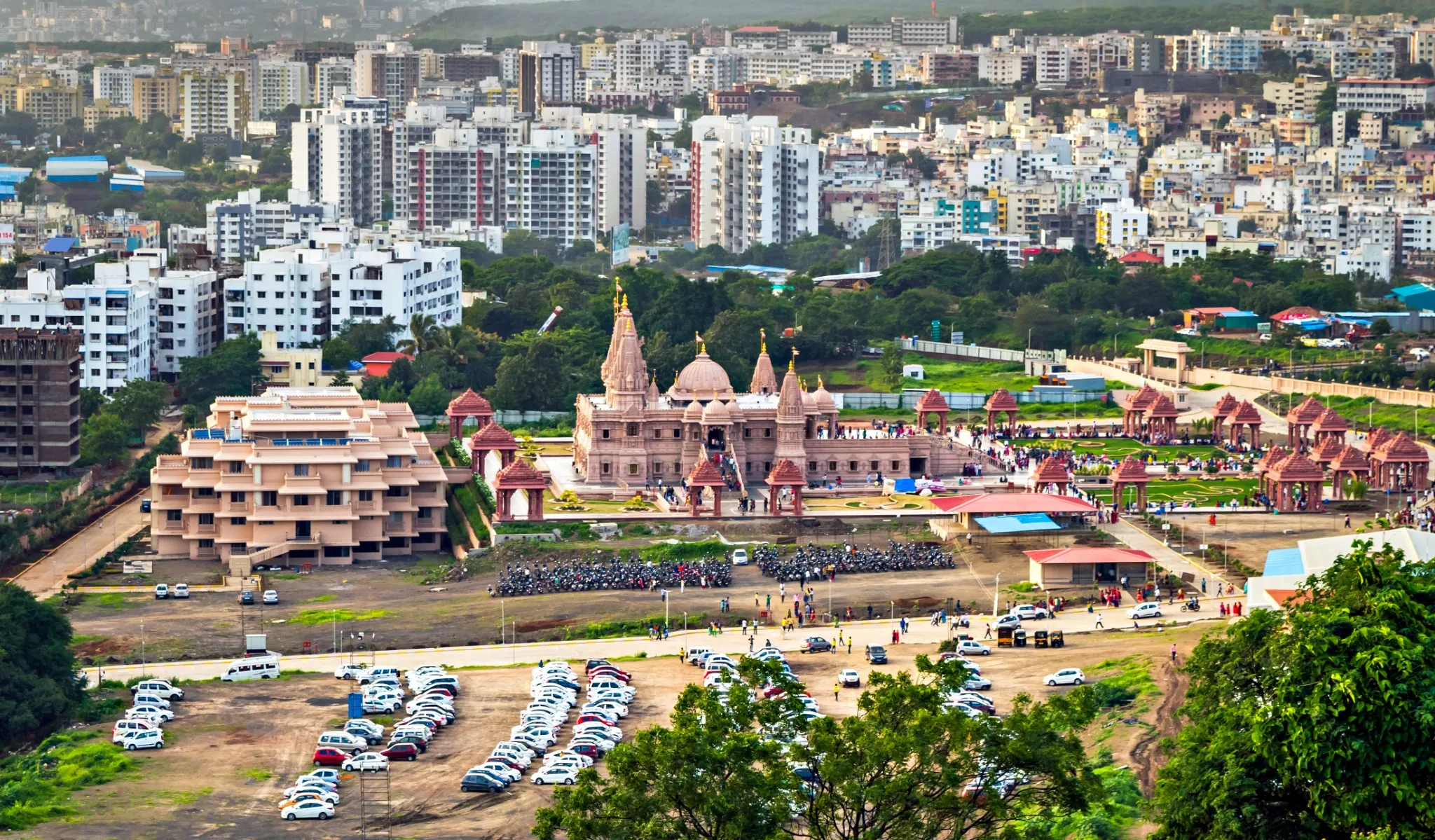 Hill side view of Shree Swaminarayan temple Mandir in Ambe Gaon, Pune