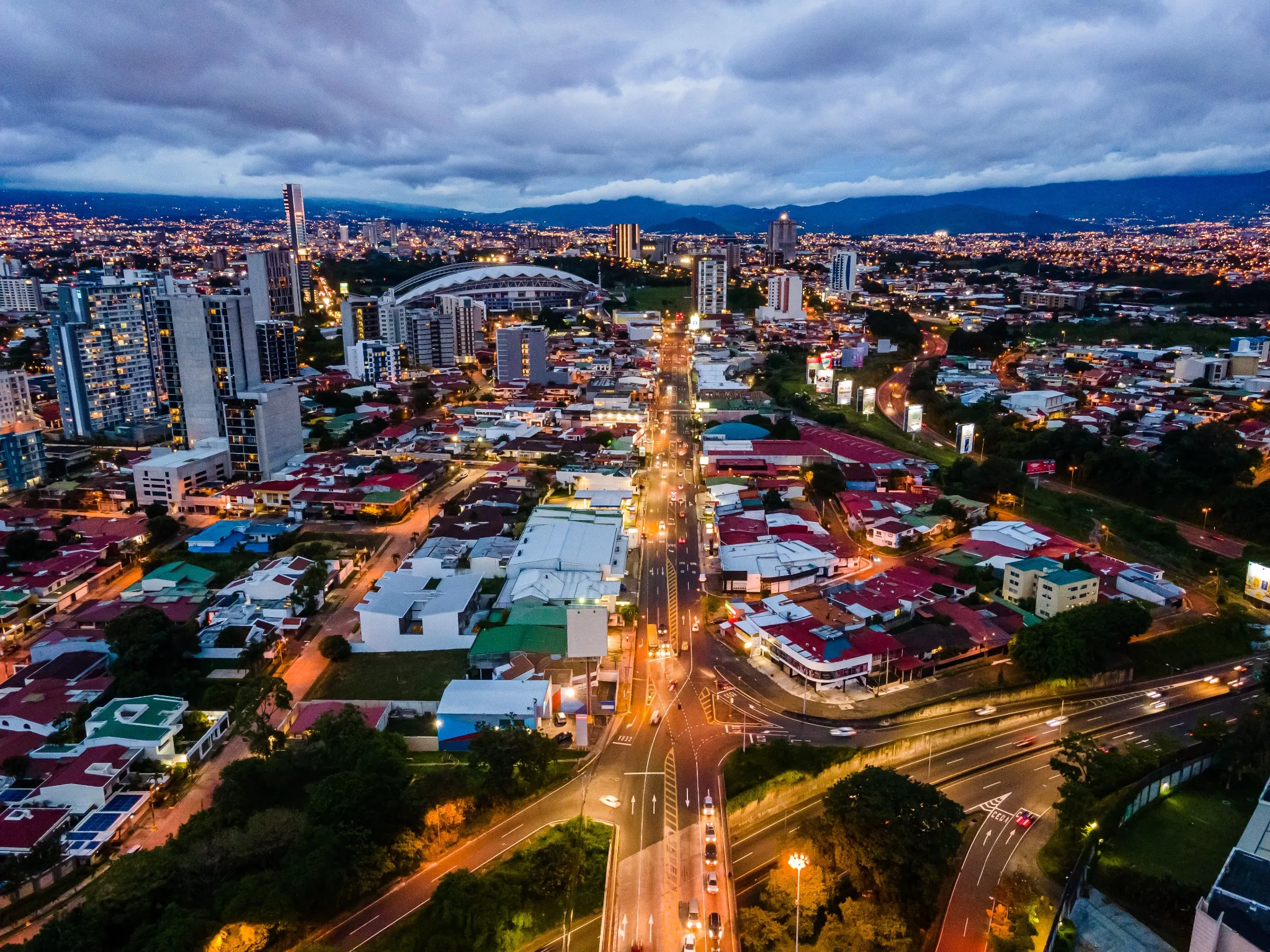 Beautiful aerial view of the city of San Jose Costa Rica At Night with lots of lights