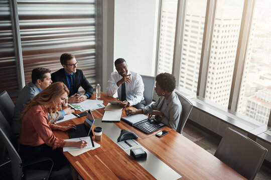 Business people, group and meeting with data analytics for financial report, solution or collaboration on tech