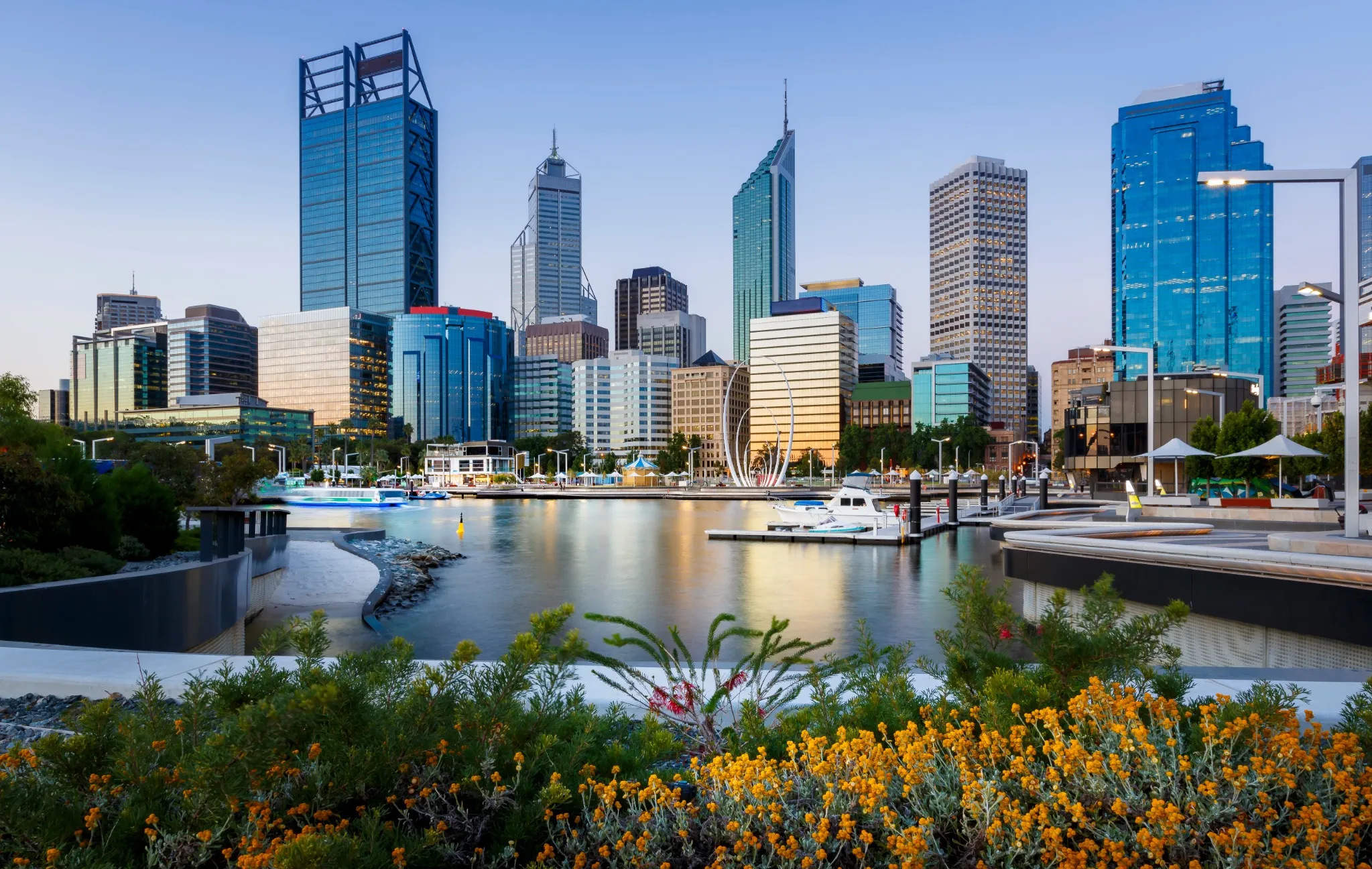 Cityscape of Perth WA from Elizabeth Quay after sunset