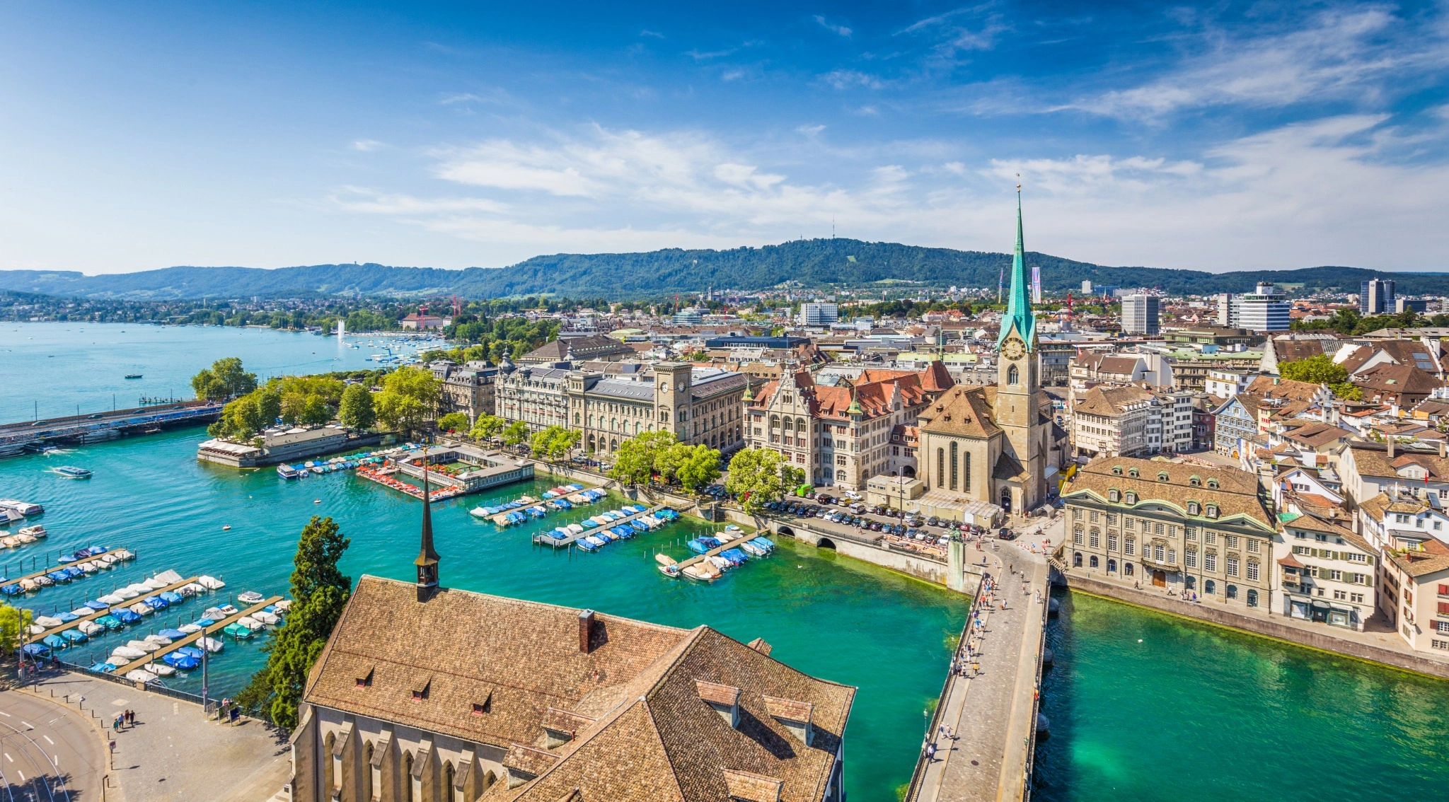 Aerial view of Zürich city center with river Limmat, Switzerland.