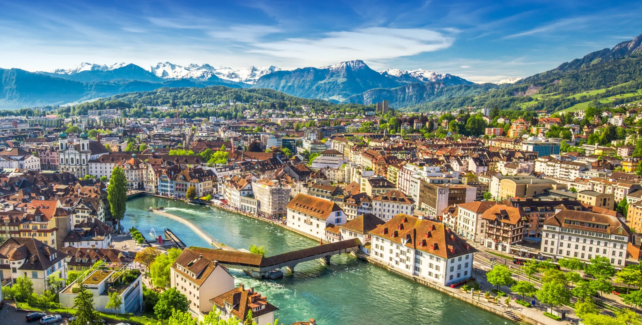 Pilatus mountain and historic city center of Lucerne, Central Switzerland