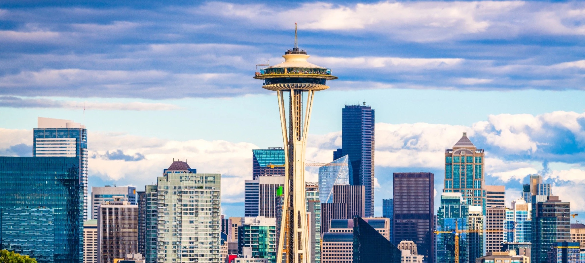 Seattle skyline at Sunset focused on the Space Needle