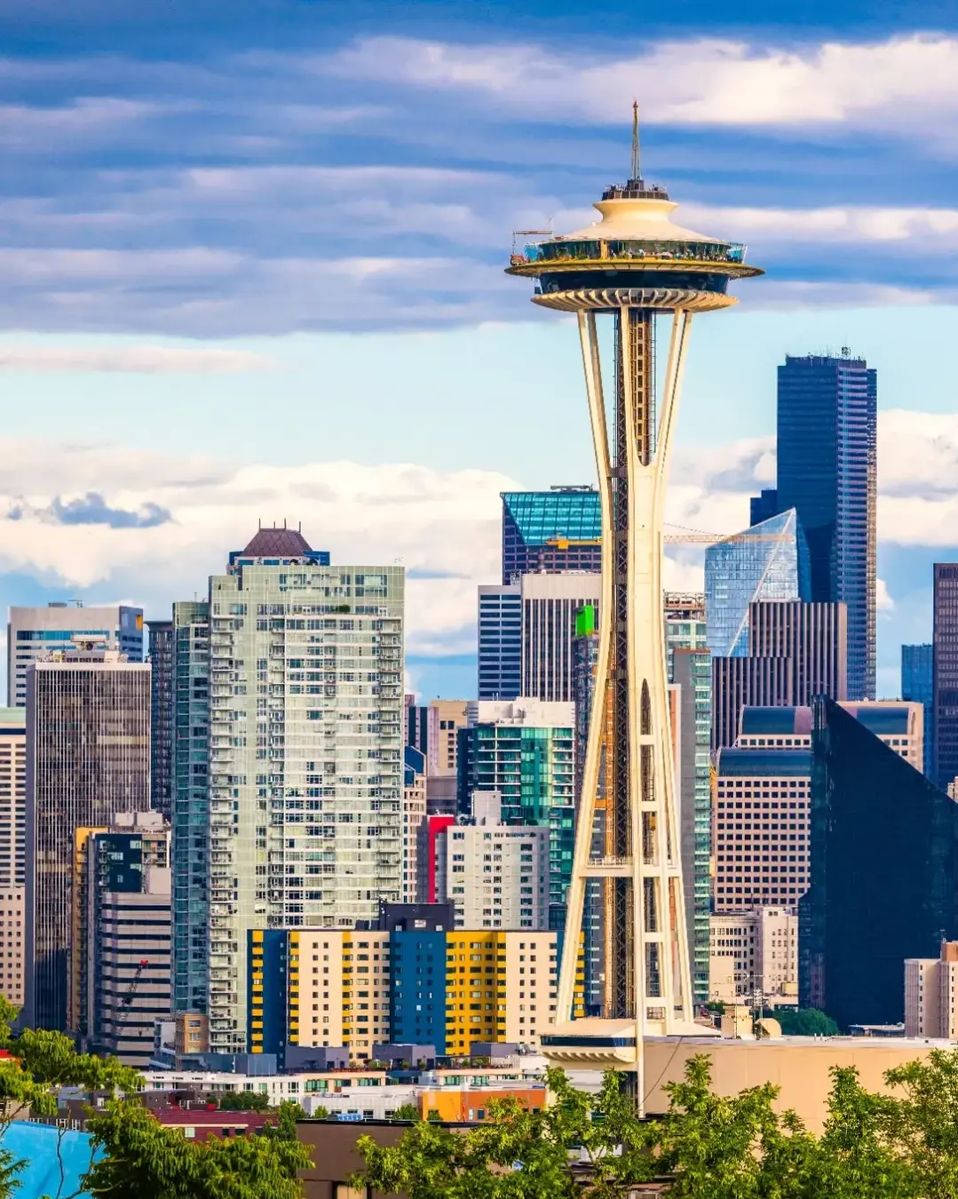 Seattle skyline at Sunset focused on the Space Needle