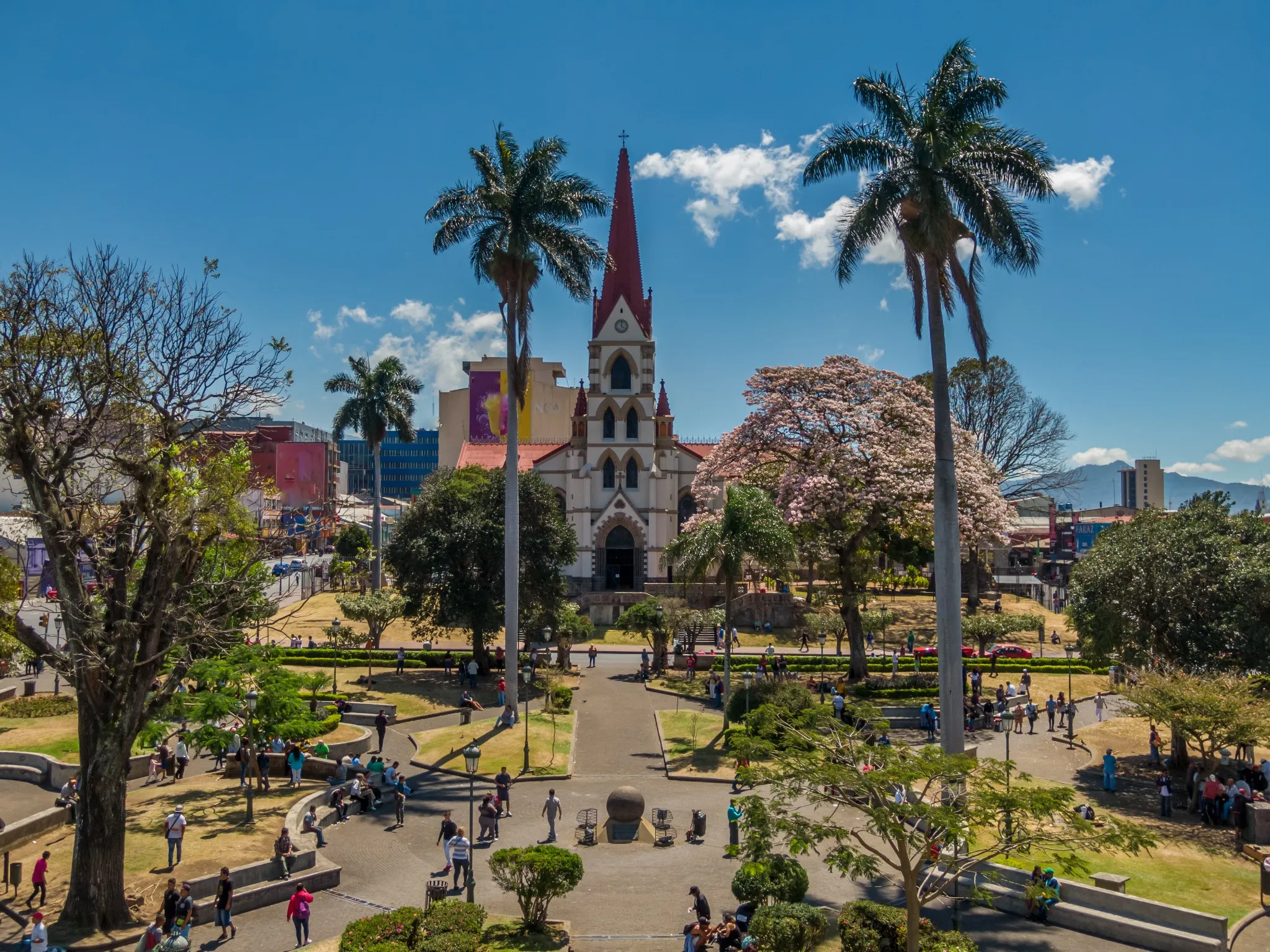 Beautiful aerial view of the main Church in San Jose Costa Rica, La Merced and the Cathedral
