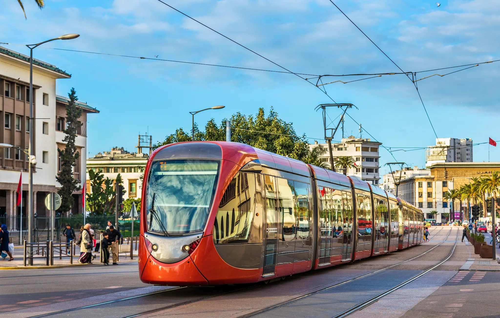 City tram on a street of Casablanca, Morocco.