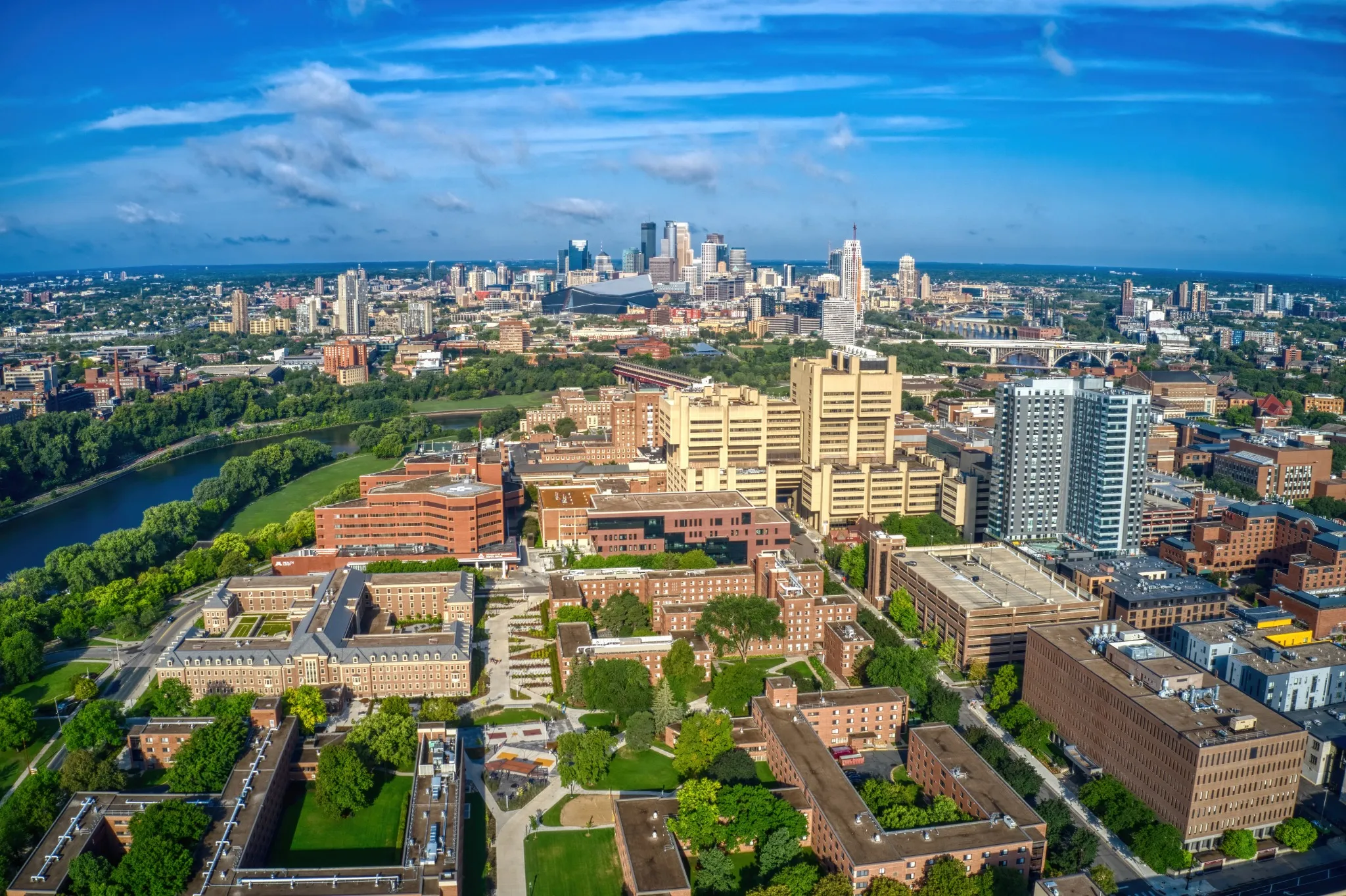 Aerial View of a large Public University near Downtown Minneapolis in the Twin Cities of Minnesota