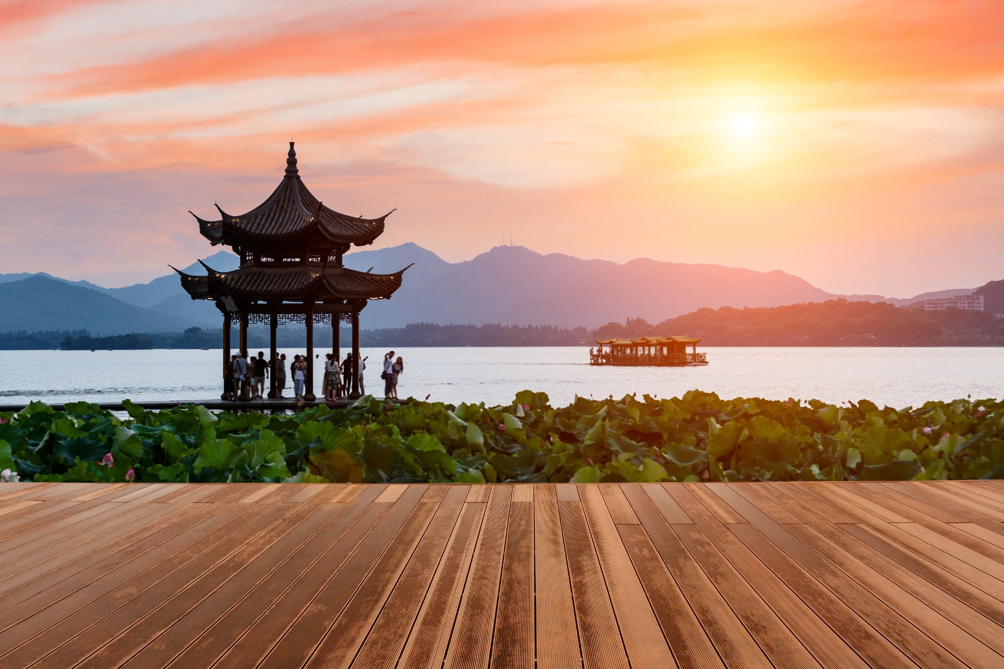 Hangzhou west lake ancient pavilion building at dusk, in China.