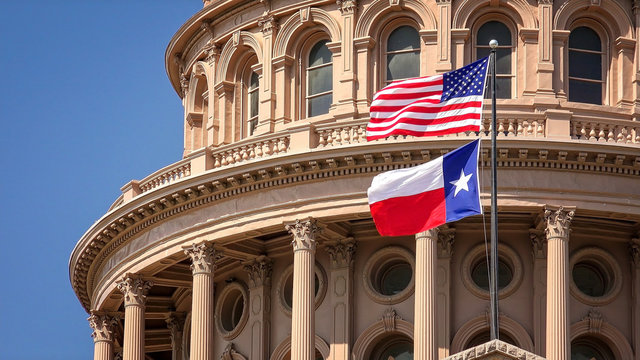 American and Texas state flags flying 