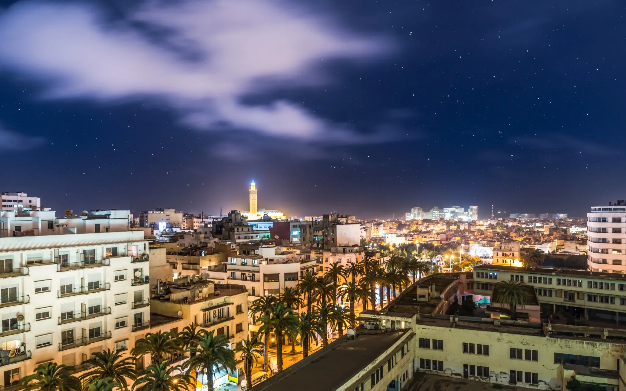 Aerial Panorama of Casablanca in Morocco at night.
