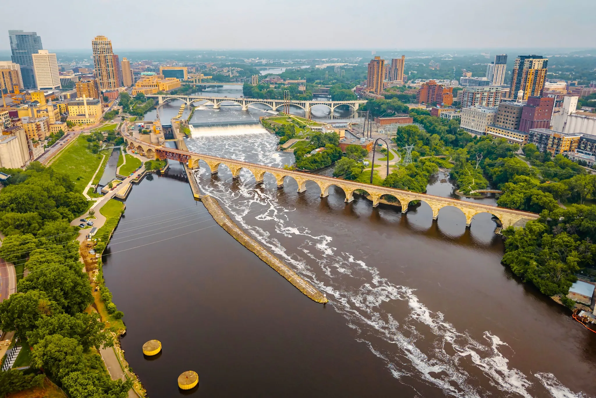 Aerial View of Stone Arch Bridge in Minneapolis
