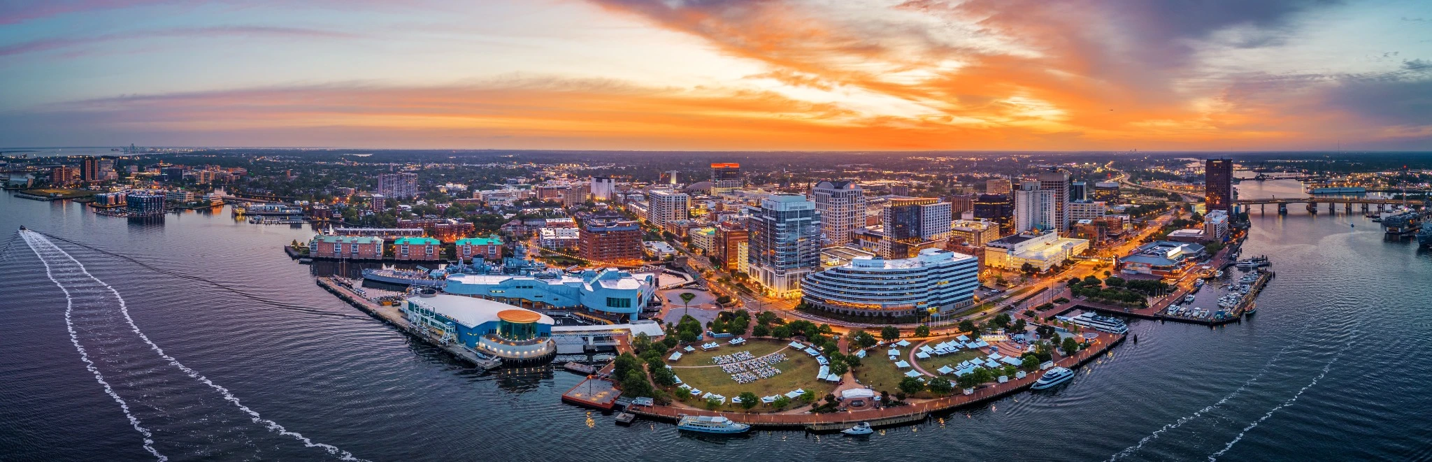 Norfolk virginia aerial at sunset