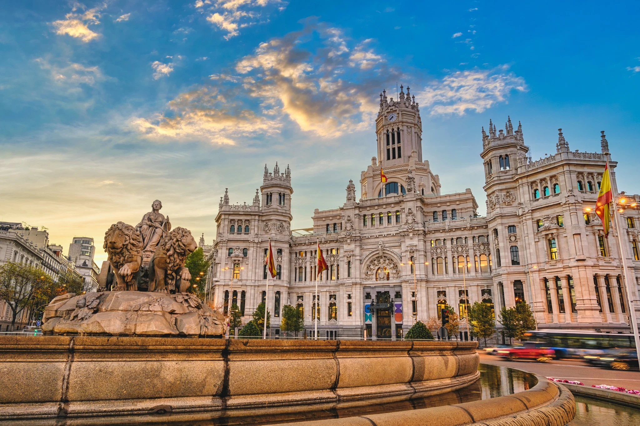 Madrid Spain, sunrise city skyline at Cibeles Fountain Town Square.