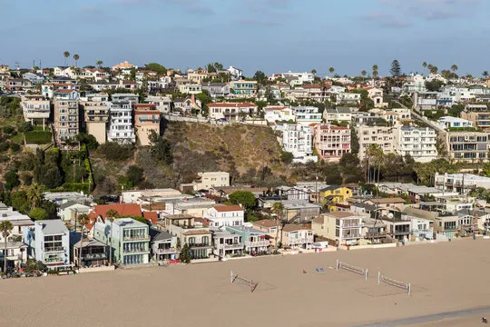 Aerial of eclectic beach housing in Playa Vista neighborhood