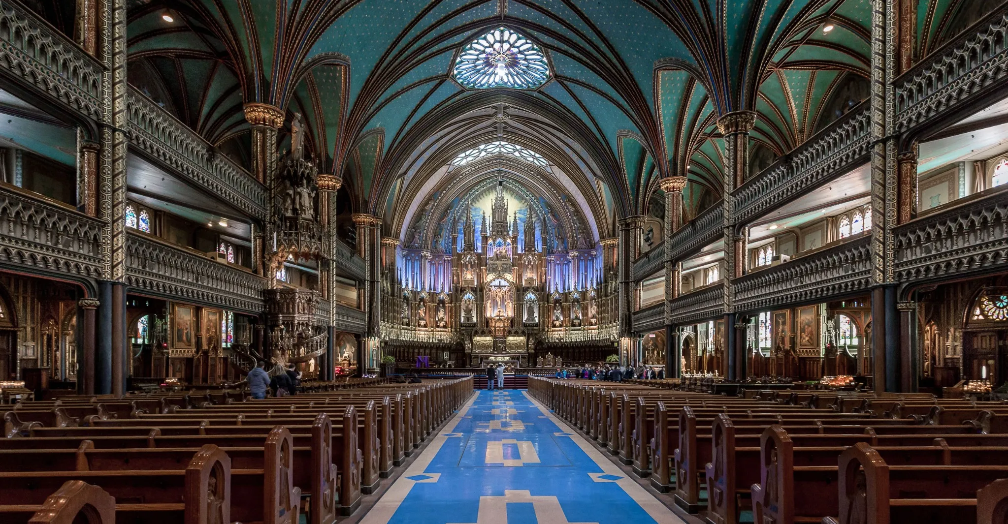 Interior of Notre-Dame Basilica with lots of people, Montreal