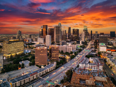 Aerial shot of LA at sunset