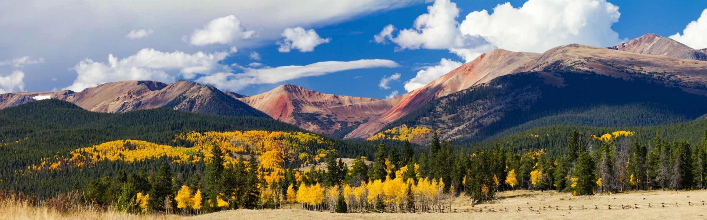 Fall aspens in front of Rocky mountain peaks in Colorado