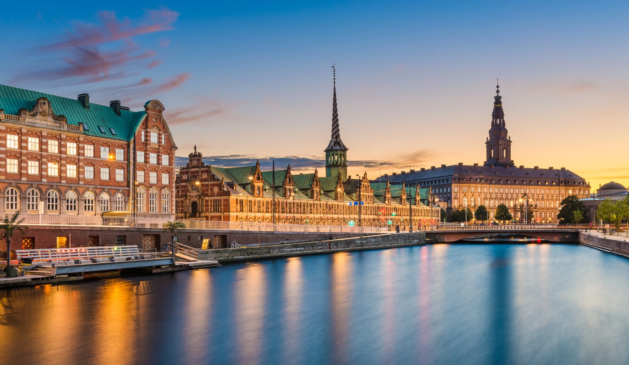 Night skyline panorama of Copenhagen, Denmark.