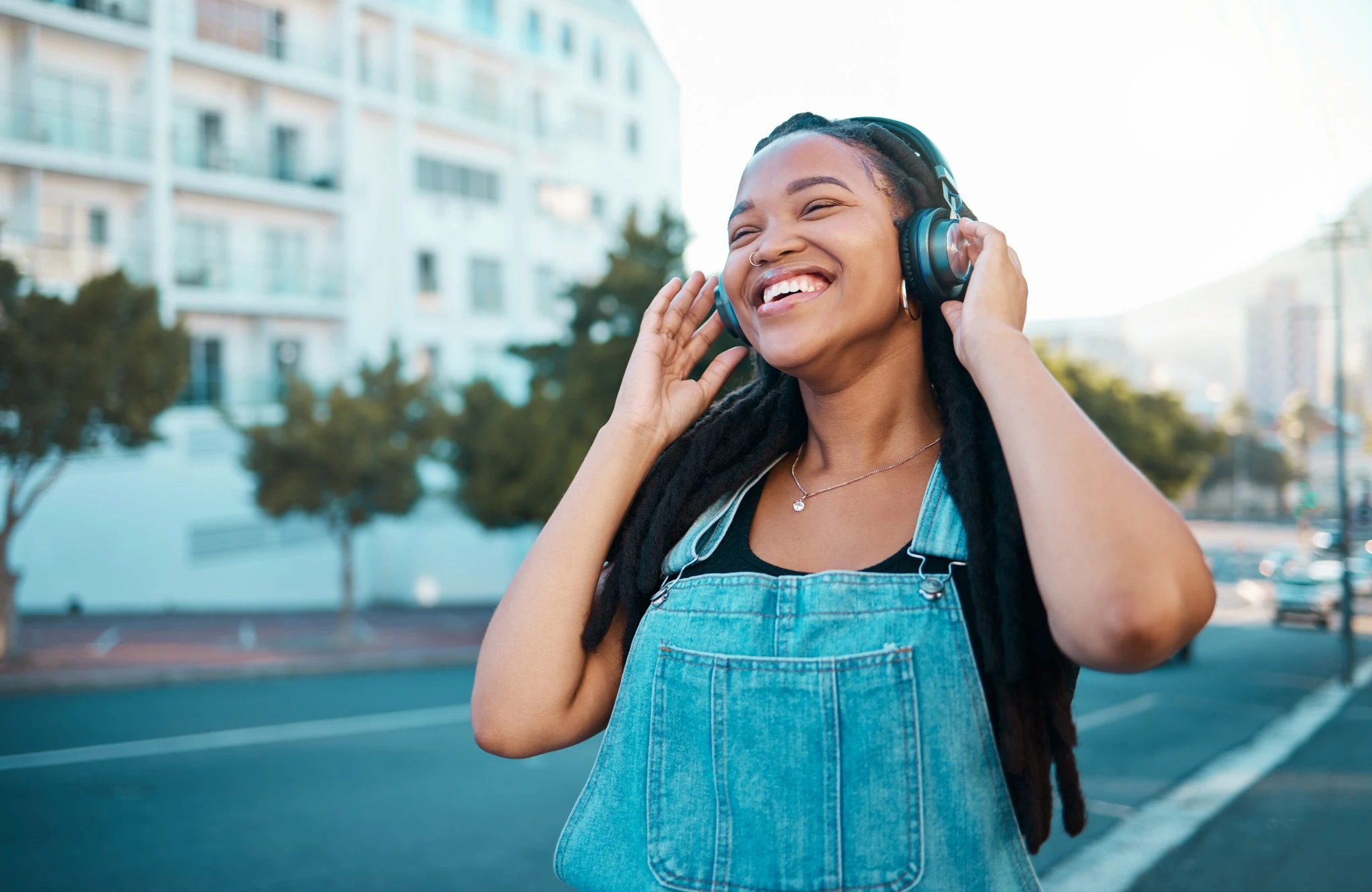 Woman listening to music walking