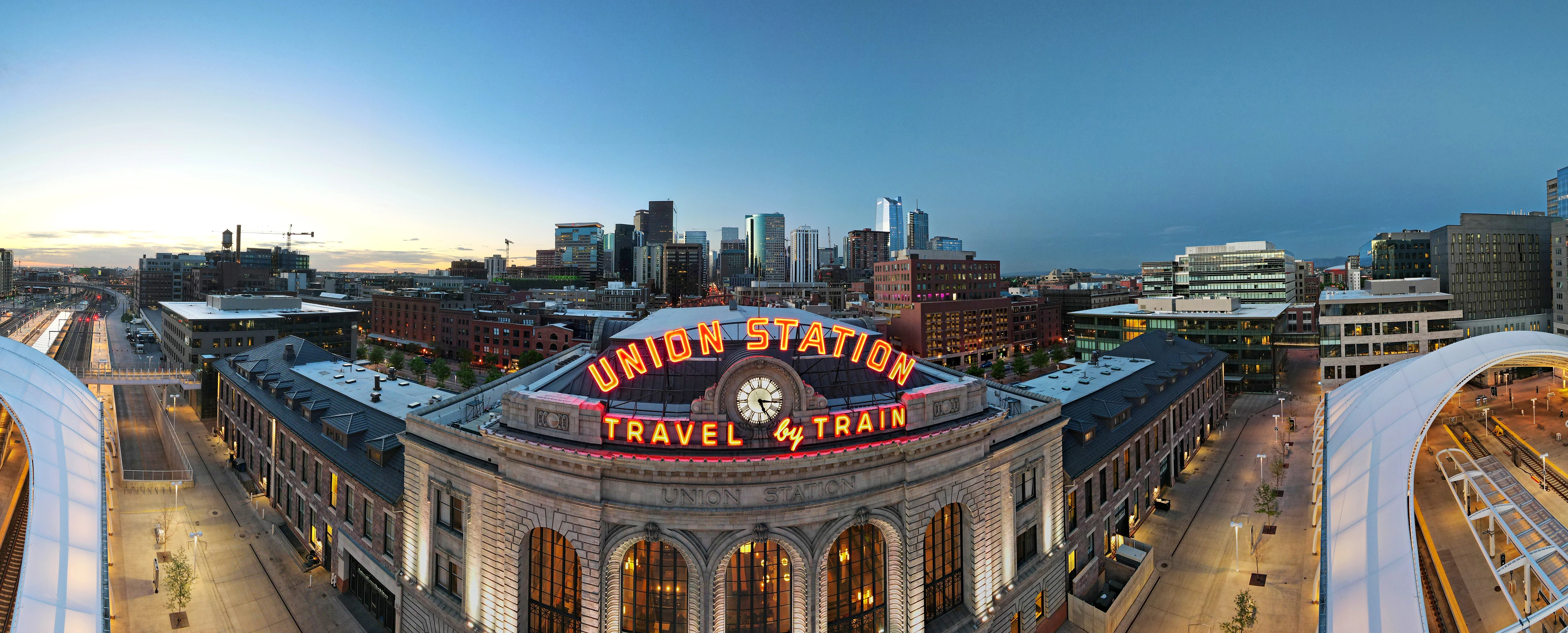 Union Station Denver, CO lit up at sunrise