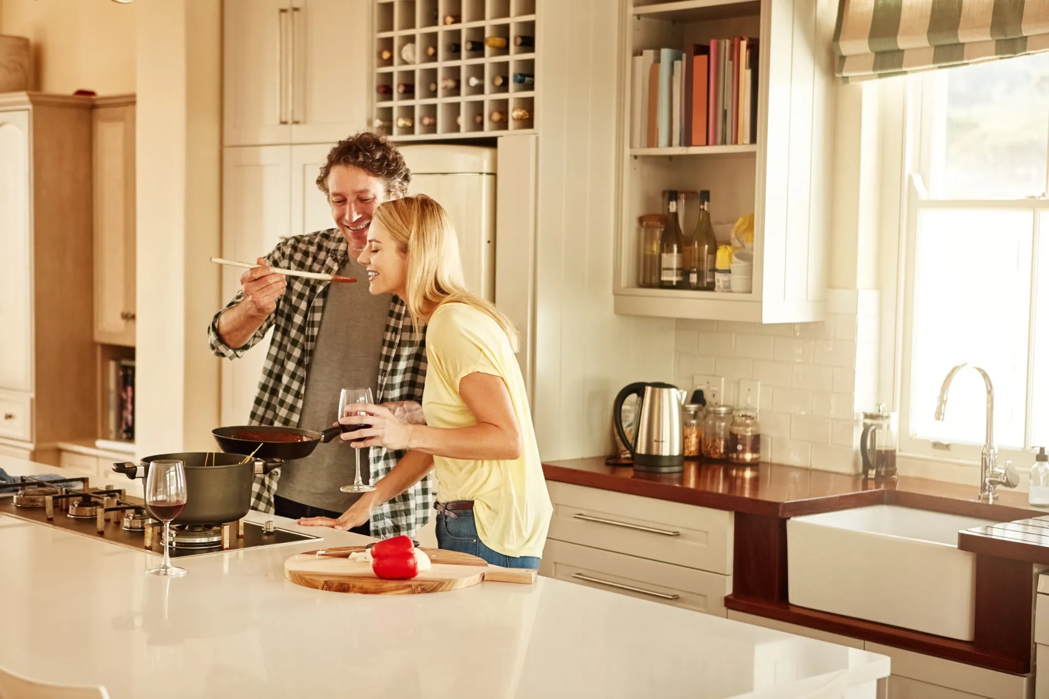 Taste, love or couple kitchen cooking with healthy food for lunch or dinner together at home in Sydney.