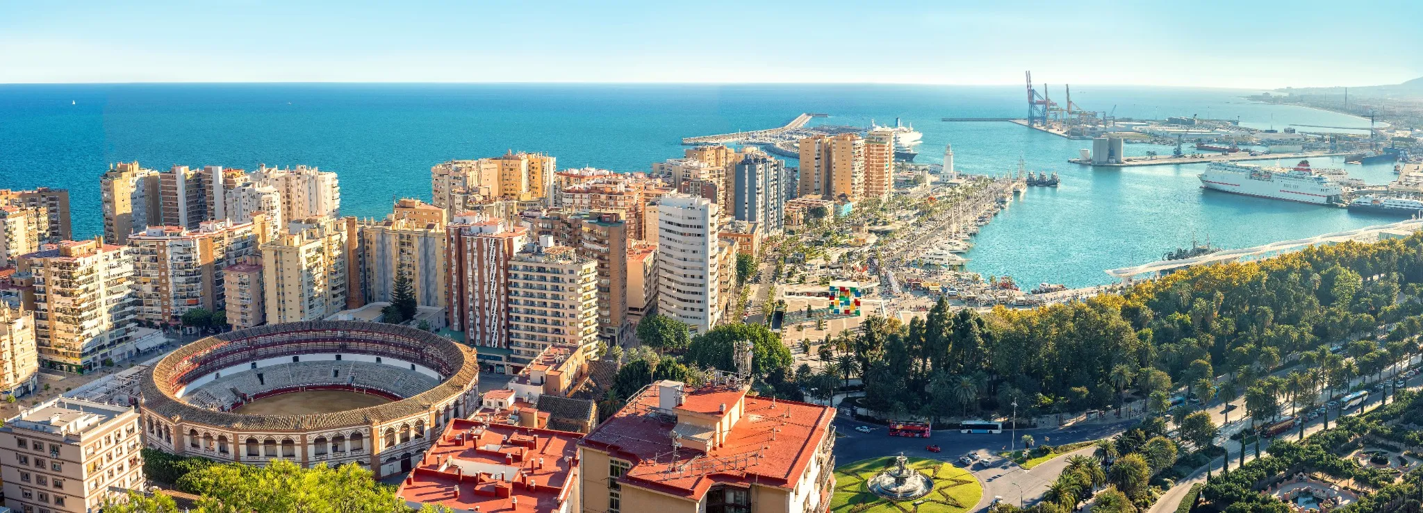 Cityscape of Malaga city. Bull Ring, Plaza la Malagueta, Andalusia, Spain