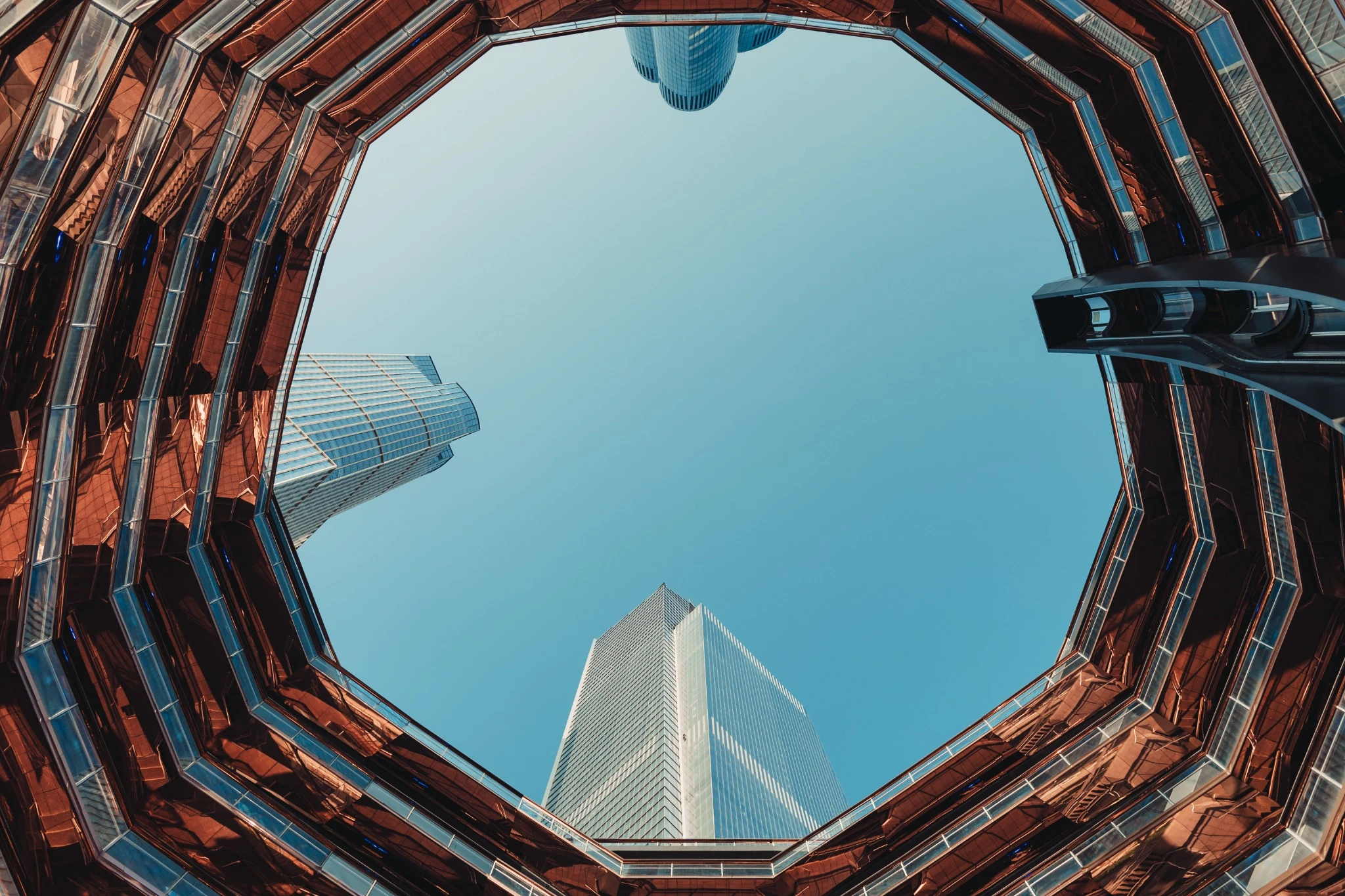 The Vessel at Hudson Yards on a bright blue sky day