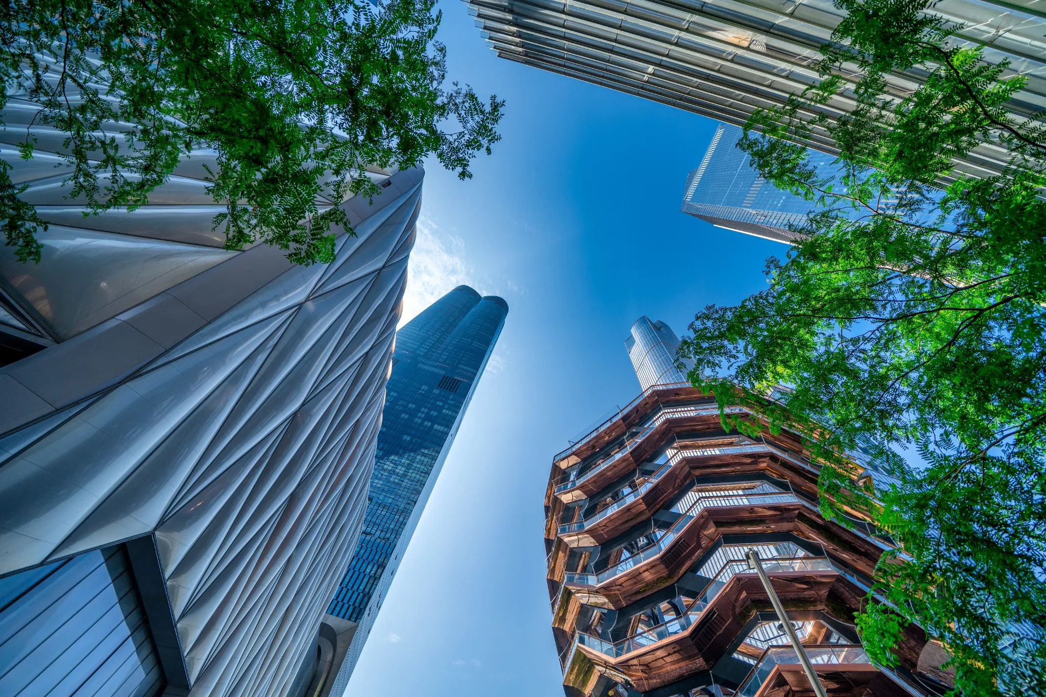 The Vessel at Hudson Yards on a bright blue sky day