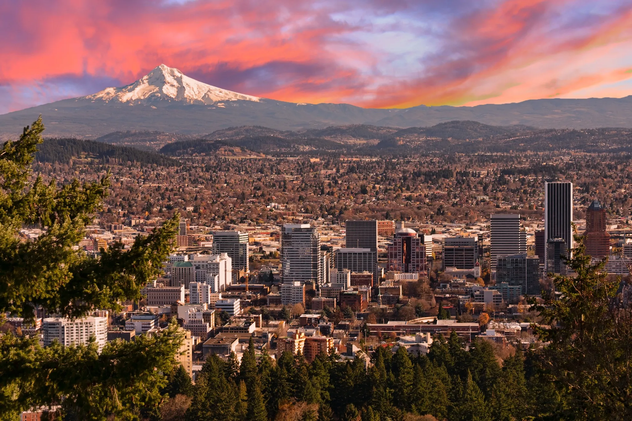 Beautiful Vista of Portland, Oregon with Mount Hood in the background