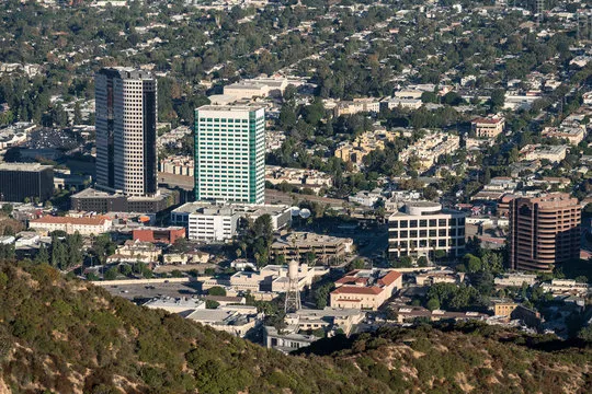 Mountaintop view of the Burbank Media District in Los Angeles, CA
