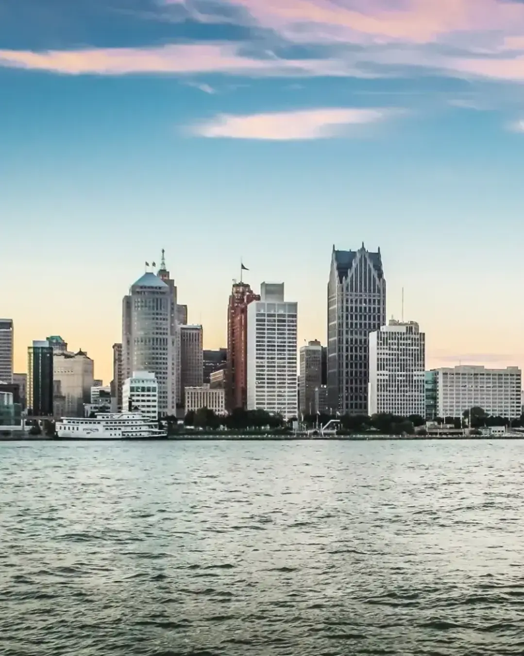 Aerial view of downtown Detroit with Ren Cen building