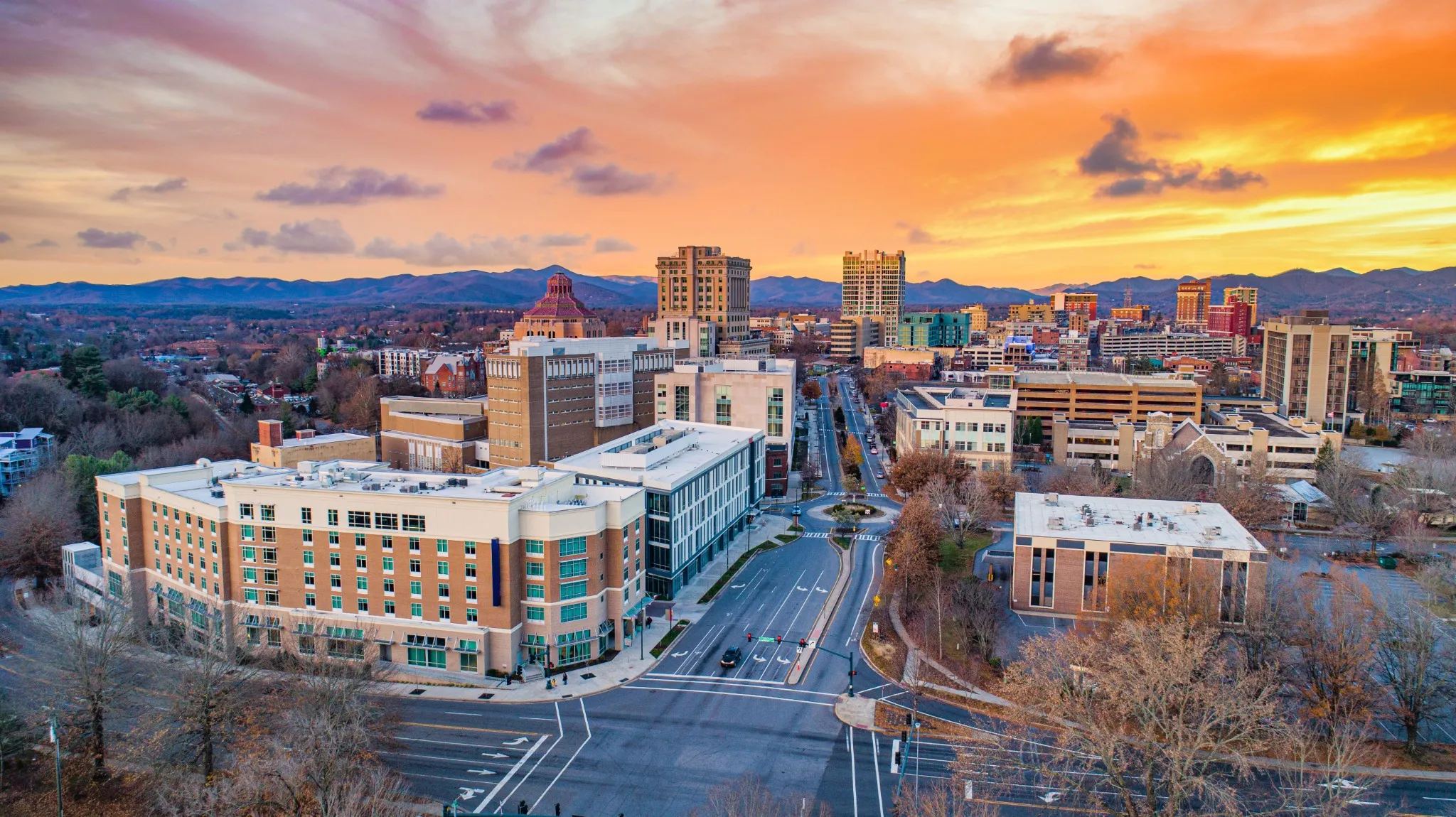 Asheville, North Carolina, USA Drone Skyline Aerial.