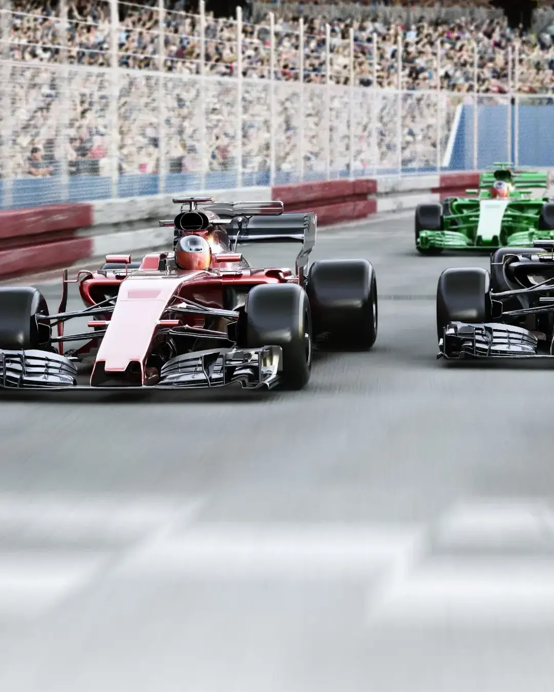 Motor sports competitive team racing.Crowd cheering with fast moving generic race car's racing down the track towards