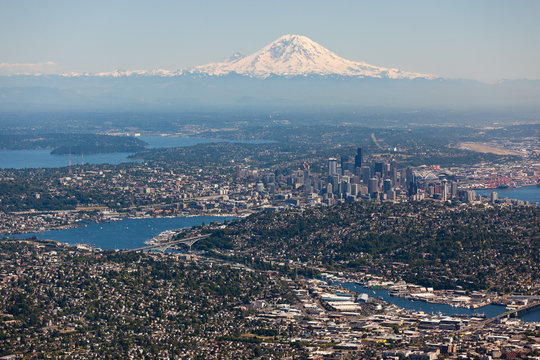 Aerial Mt. Rainier overlooking Seattle