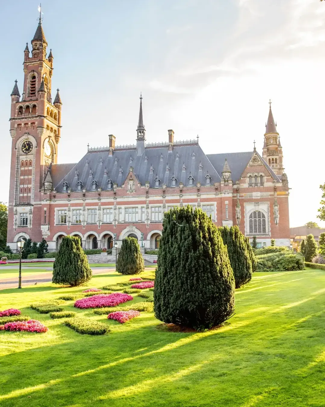 Sunset view on the Peace palace the seat of international law in Haag city, Netherlands