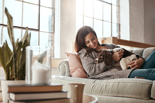 Woman relaxing on the couch with her dog because she knows she's secure