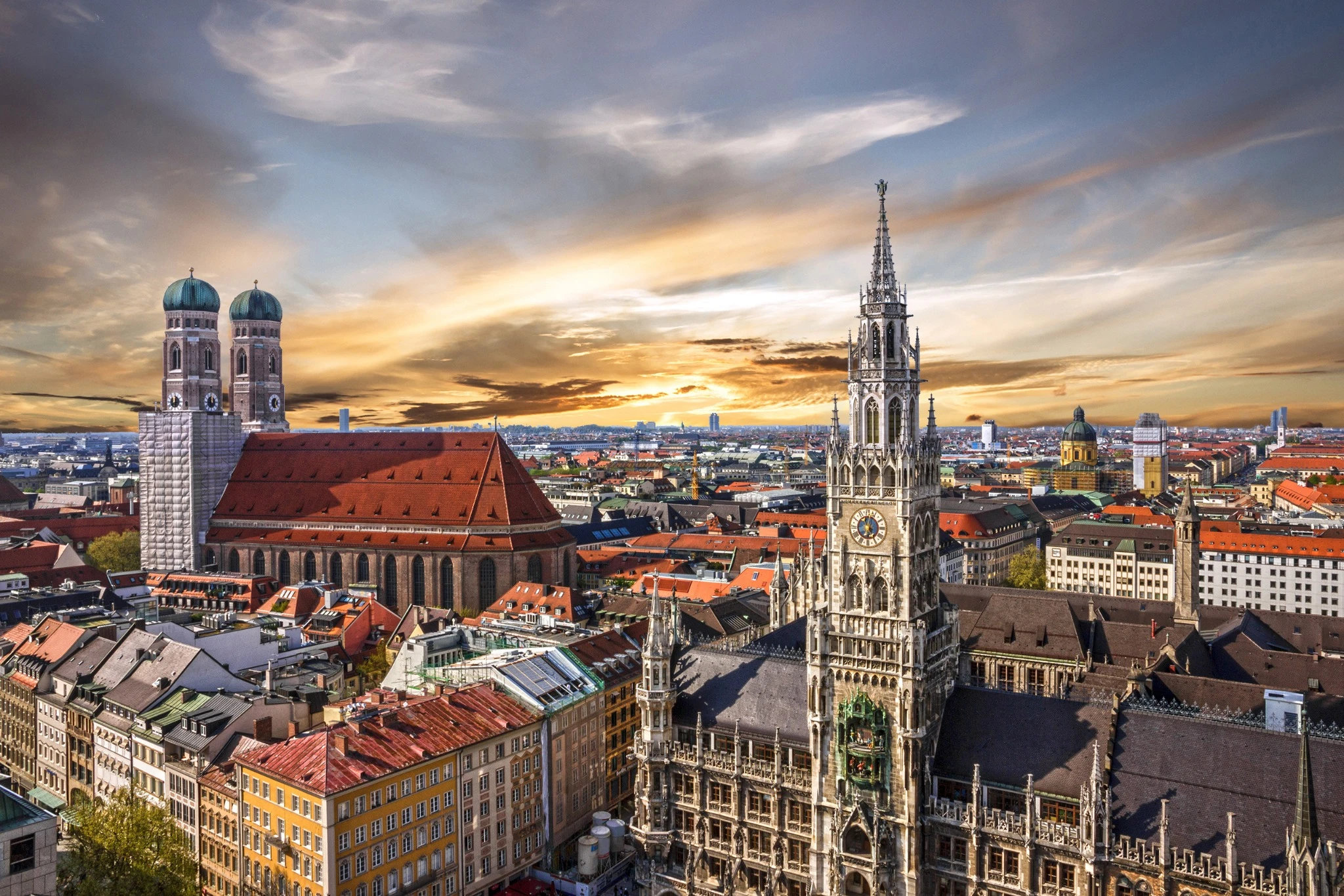 Munich sunset panoramic architecture, Bavaria, Germany.