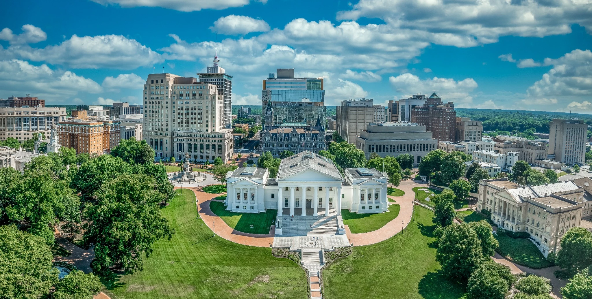Aerial view of capitol square in Richmond with Virginia state capital, executive mansion, department of agriculture, old city hall, skyline.