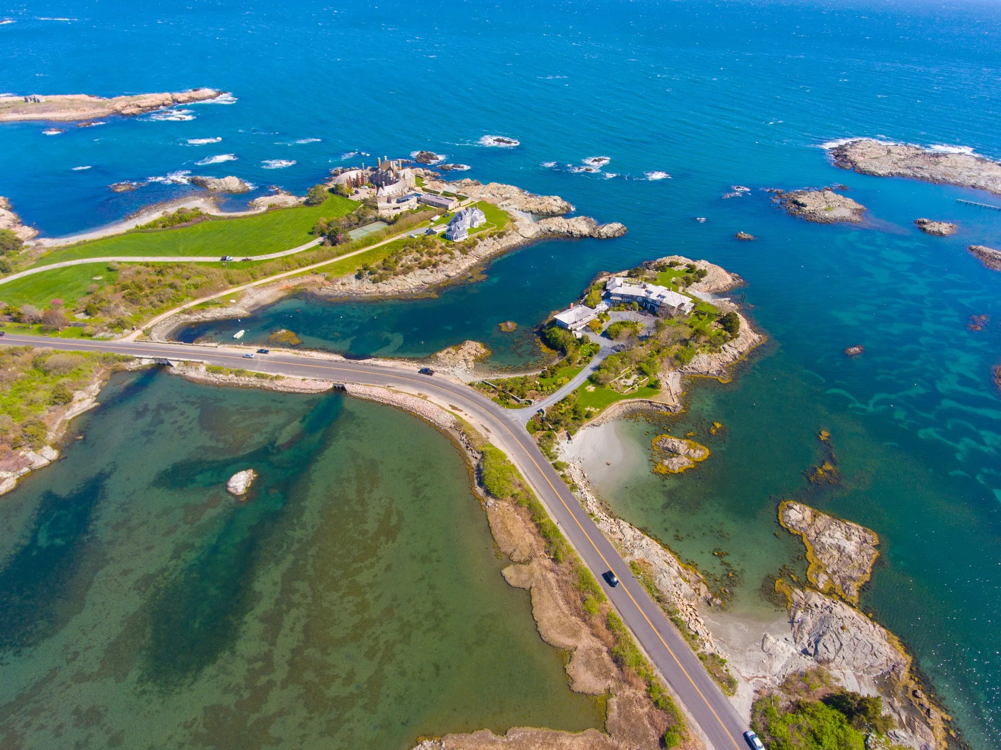 Aerial view of historic mansions at Ocean Drive Historic District near Goose Neck in city of Newport, Rhode Island RI, USA.