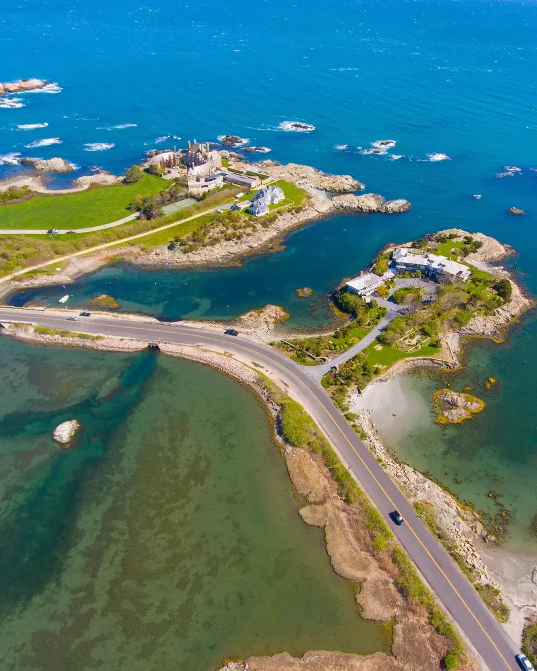 Aerial view of historic mansions at Ocean Drive Historic District near Goose Neck in city of Newport, Rhode Island RI, USA.
