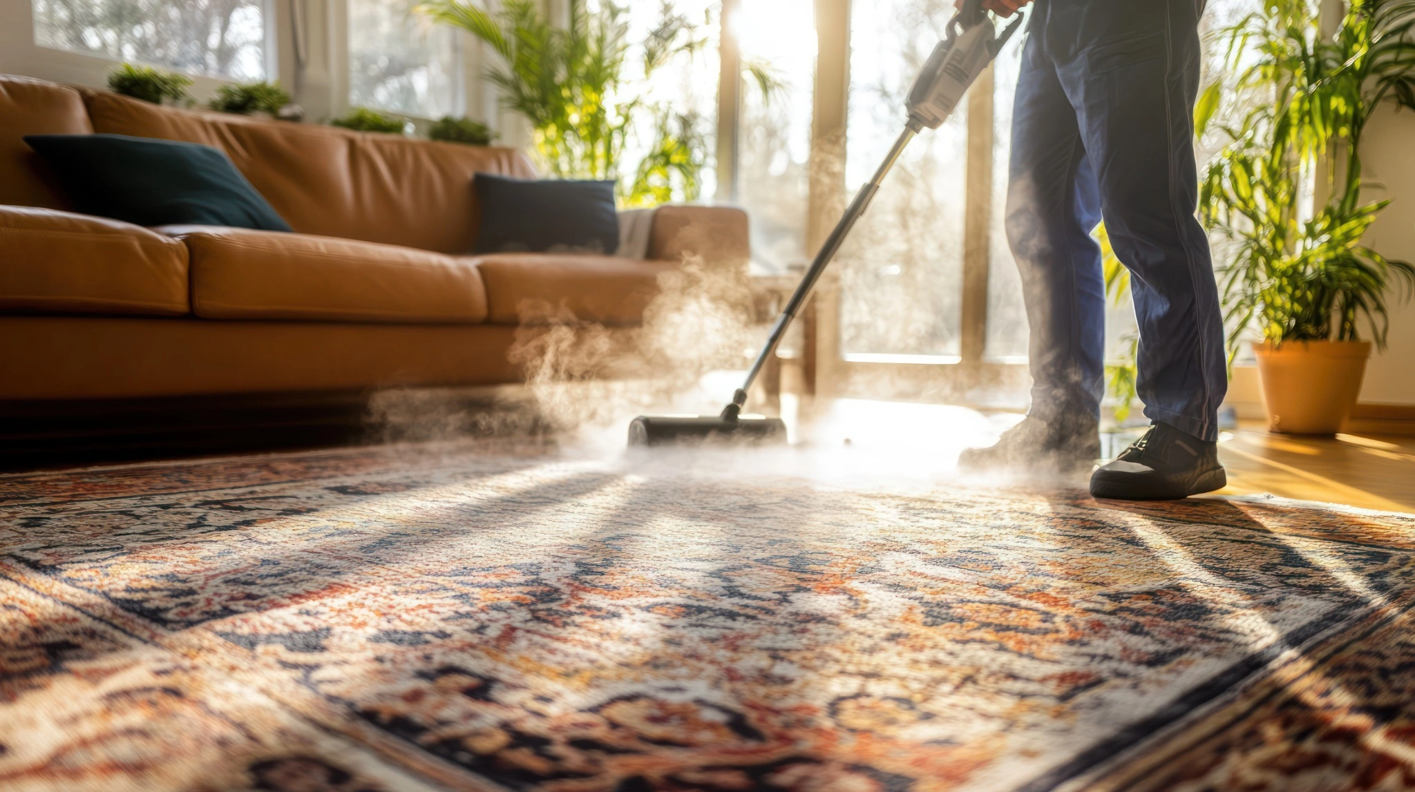 Man steam cleaning a decorative oriental rug